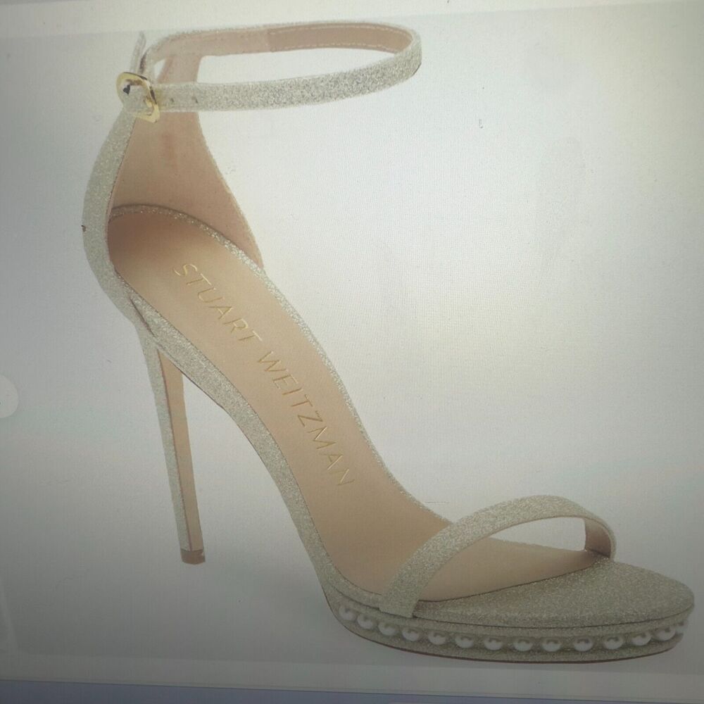 Stuart Weitzman Nudist Disco Pearl Glitter Ankle Strap Platino High Heel Size 10